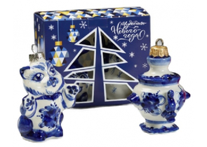 Набор ёлочных игрушек «Самовар и кошка», 2 предмета, гжель Набор ёлочных игрушек «Самовар и кошка», 2 предмета, гжель